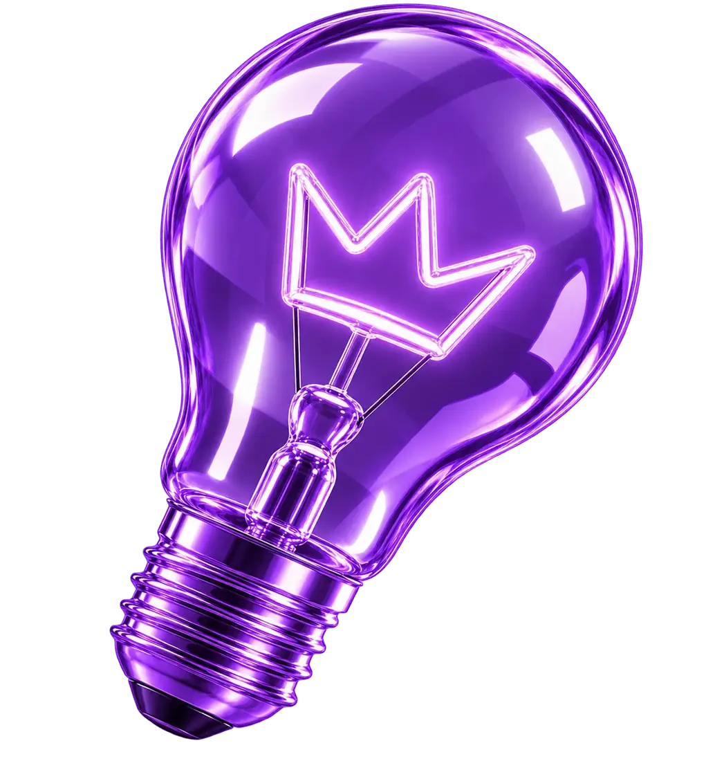 Bombilla de cristal morado con el filamento formando la corona del logo de The King of Content
