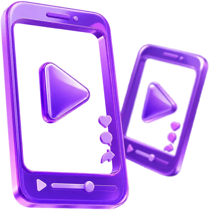 Dos móviles de cristal morado en tres dimensiones reproduciendo vídeo vertical, con los iconos de me gusta, comentario y compartir